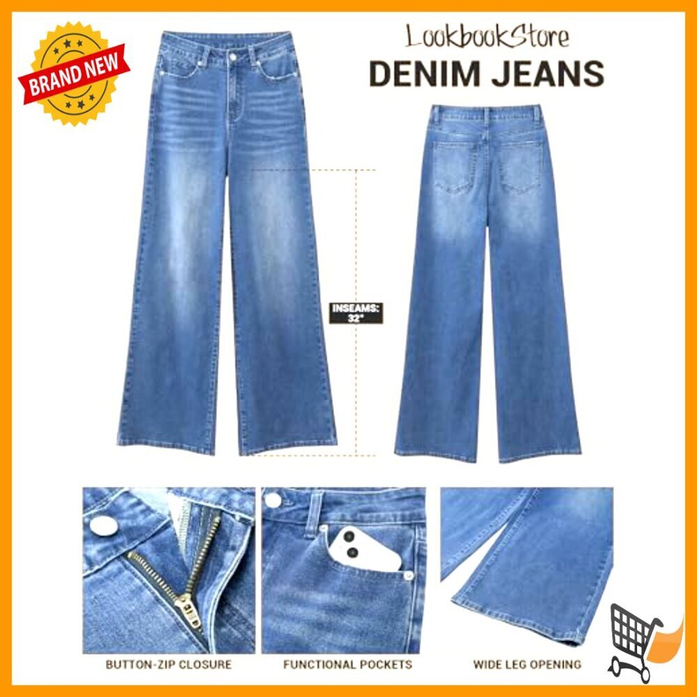 High Waisted Wide Leg Jeans Stretchy Denim Pockets Fashion - Picture 4 of 7